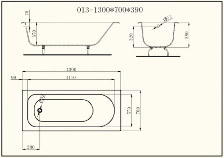 Чугунная ванна (130x70) без ручек Byon V0000216