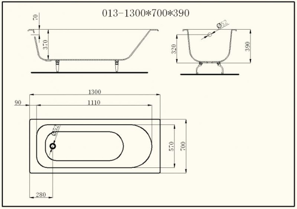 Чугунная ванна (130x70) без ручек Byon V0000216