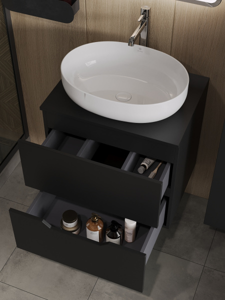 Тумба с раковиной подвесная 60 см, Orange Line Li-60TubMDF+B05-520W черный/белый