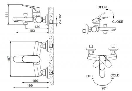 Смеситель для ванны c коротким изливом Bravat Eler, черный F6191238BM-01-RUS