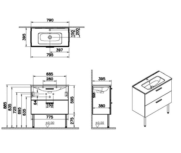 Тумба с раковиной Vitra Mia 80 67273