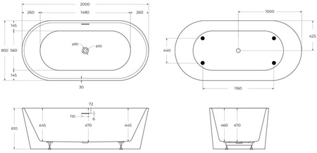 Акриловая ванна (200x85) BelBagno BB416-2000-850
