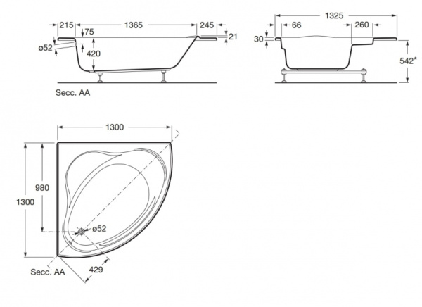 Ванна акриловая угловая гидромассажная Roca BALI 248100001