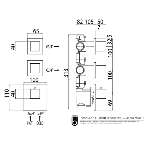 Термостат для душа на 2 потребителя Bossini HighFlow Outlets Z032203.073 черный матовый