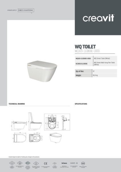 Унитаз подвесной безободковый с функцией биде Creavit WQ Smart Pan WQ320-11CB00E-0000