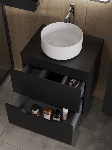 Тумба с раковиной подвесная 60 см, Orange Line Li-60TubMDF+B07-345W черный/белый