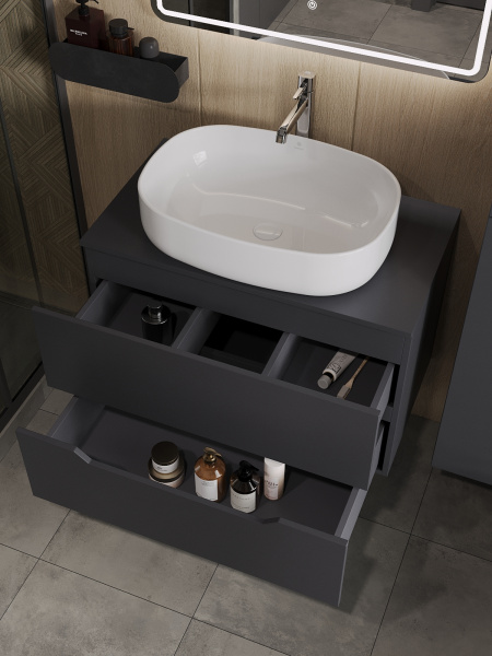 Тумба с раковиной подвесная 80 см, Orange Line Li-80TugMDF+B04-600W графит/белый