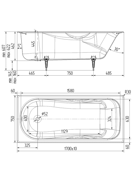 Чугунная ванна Wotte Comfort 170 x 75 см, (Comfort 1700x750), белая