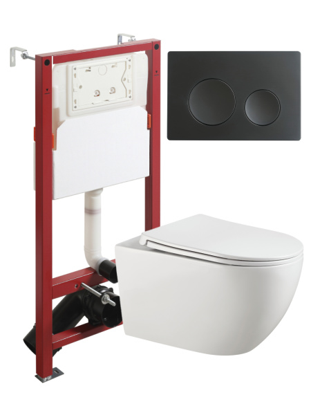 Комплект унитаза с инсталляцией безободковый Agger ATI12150+APB144 кнопка смыва черный