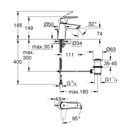 Смеситель для раковины с донным клапаном Grohe Eurosmart 23969 003 (23969003) хром