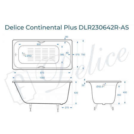 Ванна чугунная (100х70) Delice Continental PLUS DLR230642R-AS с отверстиями под ручки