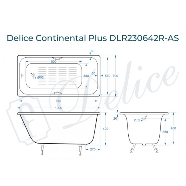 Ванна чугунная (100х70) Delice Continental PLUS DLR230642R-AS с отверстиями под ручки Ванна чугунная (100х70) Delice Continental PLUS DLR230642R-AS с отверстиями под ручки