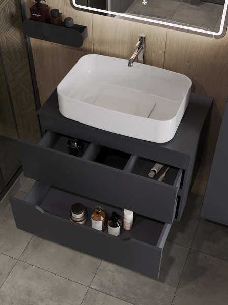 Тумба с раковиной подвесная 80 см, Orange Line Li-80TugMDF+B07-600W графит/белый