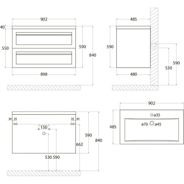 База под раковину Art&max AM-Platino-900-2C-SO-NM Черный