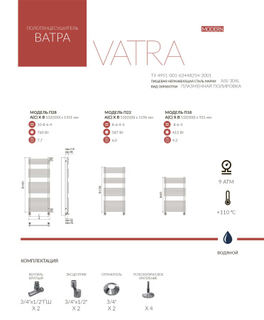 Полотенцесушитель водяной Terminus ВАТРА (500х1200) П21 4670078530561