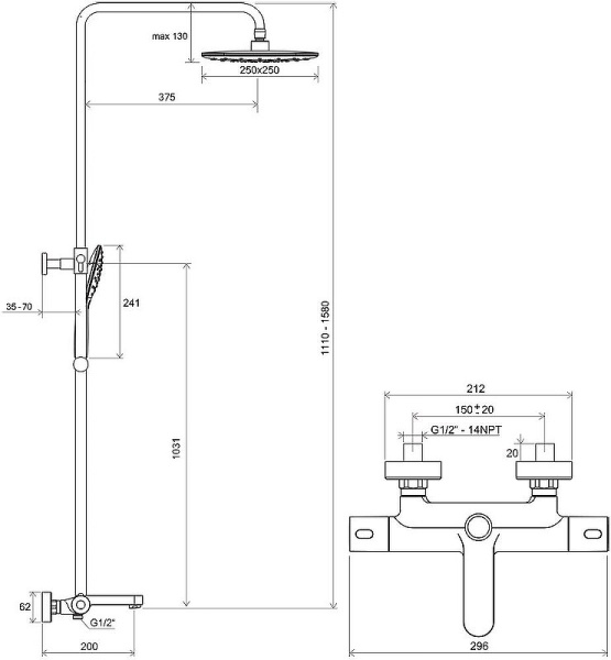 Душевая система с изливом Ravak Termo 300 TE 092.00/150 X070098 Душевая система с изливом Ravak Termo 300 TE 092.00/150 X070098