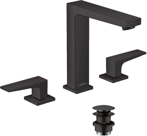 Смеситель для раковины на 3 отверстия с донным клапаном Push-Open Hansgrohe Metropol 32515670 черный матовый