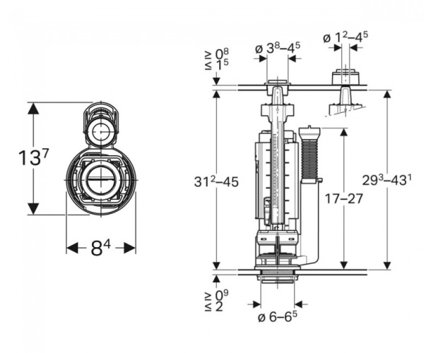 Смывной механизм для бачка унитаза Geberit тип 290-380, двойной смыв, подвод воды универсальный, 3/8'' и 1/2'', ниппель из латуни: Глянцевый хром 283.313.21.2