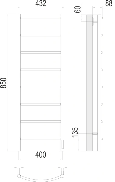 Полотенцесушитель электрический Terminus Классик подключение справа (400х850) П8 4670078531346