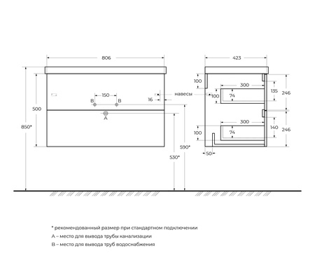 Тумба под раковину BelBagno Due DUE-800-2C-SO-GM-P без ручек, оружейная сталь