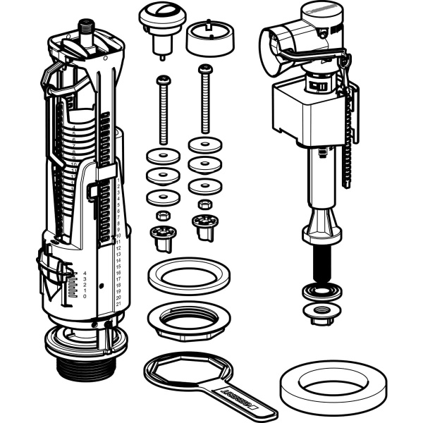 Смывной механизм для бачка унитаза Geberit тип 240-340, двойной смыв, подвод воды снизу, 3/8", ниппель из латуни: Глянцевый хром 136.938.21.2
