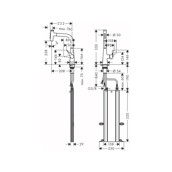 КСмеситель для кухни с выдвижным изливом Hansgrohe Metris Select M71 2jet 73817800 нержавеющая сталь