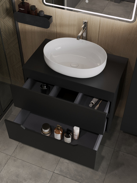 Тумба с раковиной подвесная 80 см, Orange Line Li-80TubMDF+B05-520W черный/белый