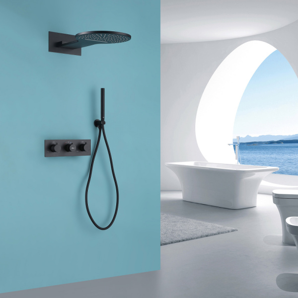 Душевой комплект ABBER Wasser Kreis AF8151B скрытого монтажа без излива, термостат, черный матовый