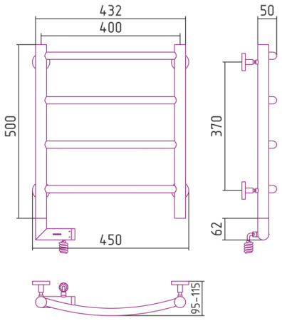 Полотенцесушитель Электрический Cунержа Галант 2.0 Левый (500x400) Матовый ЧЁРНЫЙ 31-5200-5040