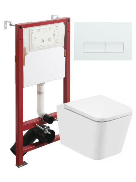 Комплект унитаза с инсталляцией безободковый Agger ATI08100+APB288 кнопка смыва белый