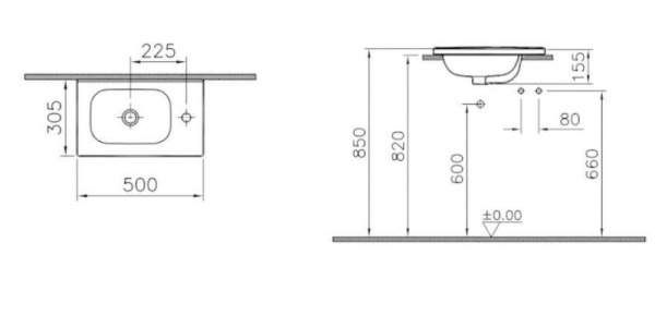 Раковина, 1 отверстие под смеситель справа, с переливом, 50 см Vitra D-light Compact 5922B003-0029