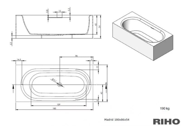 Ванна из искуственного камня Riho MADRID (180x86) B124001105 Ванна из искуственного камня Riho MADRID (180x86) B124001105