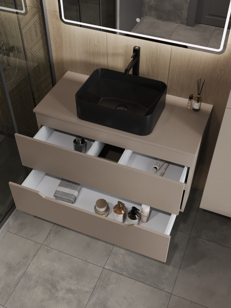 Тумба с раковиной подвесная 100 см, Orange Line Li-100TuLMDF+B02-460MB латте/черный