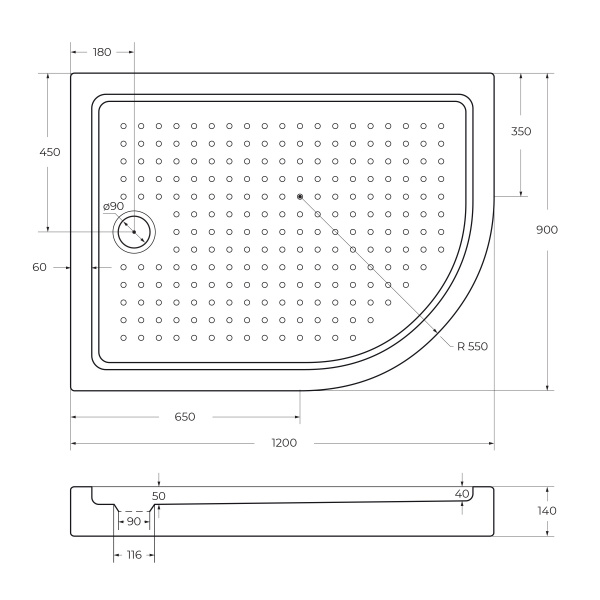 Акриловый душевой  поддон (120х90) CEZARES TRAY-A-RH-120/90-550-15-W-L