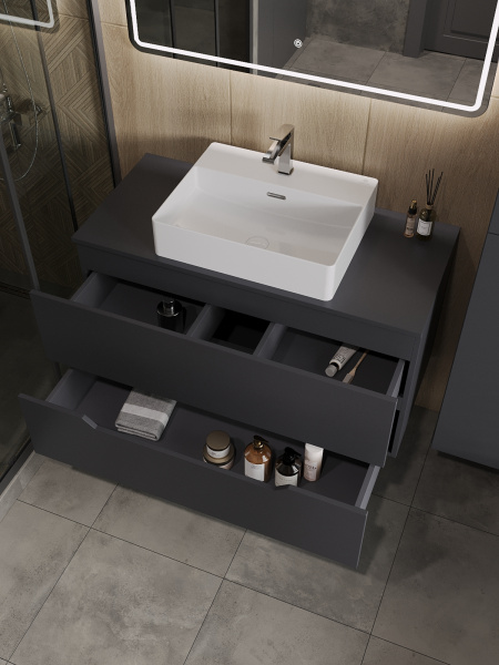 Тумба с раковиной подвесная 100 см, Orange Line Li-100TugMDF+B04-500W графит/белый