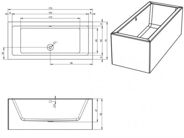 Ванна акриловая Riho Lugo Plug & Play (170х75) L B132016005
