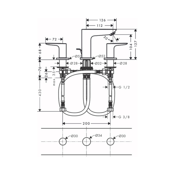 Смеситель для раковины на 3 отверстия с донным клапаном Hansgrohe Talis E 71733670 черный матовый