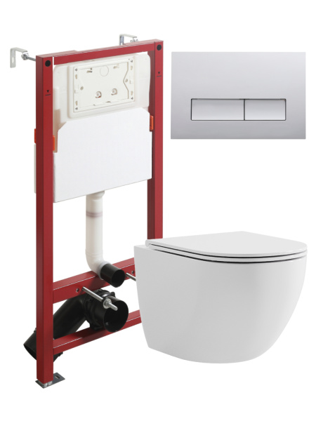 Комплект унитаза с инсталляцией безободковый Agger ATI03100+APB200 кнопка смыва хром