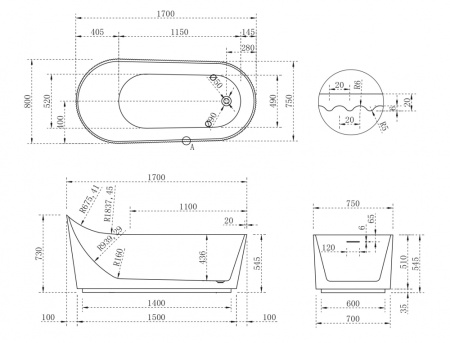 Акриловая ванна (170х80) ABBER AB9445MW без гидромассажа, белый