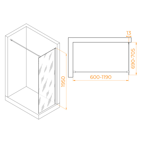 Душевая перегородка 70 см RGW WA-010 B Walk-in 351001007-14 прозрачное