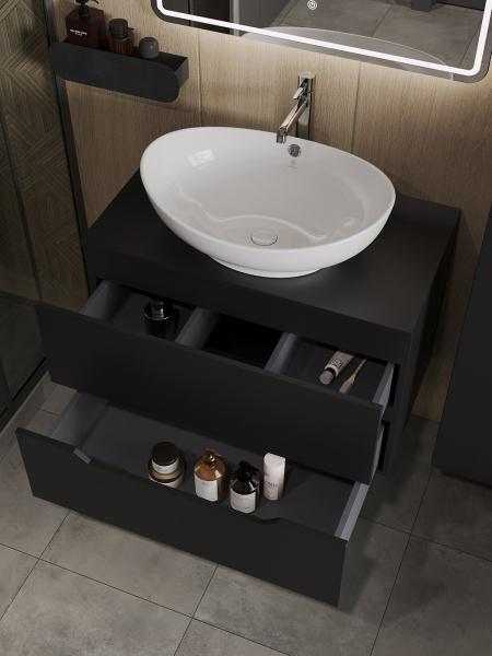 Тумба с раковиной подвесная 80 см, Orange Line Li-80TubMDF+B08-585W черный/белый