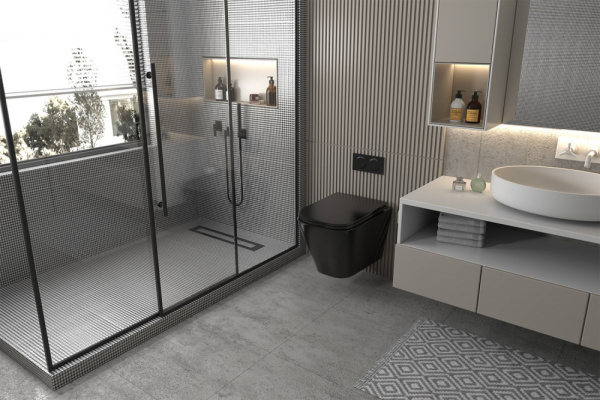 Комплект подвесной унитаз ABBER Rechteck AC1201MB черный матовый с инсталляцией AC0105 и кнопкой AC0121RG золото розовое