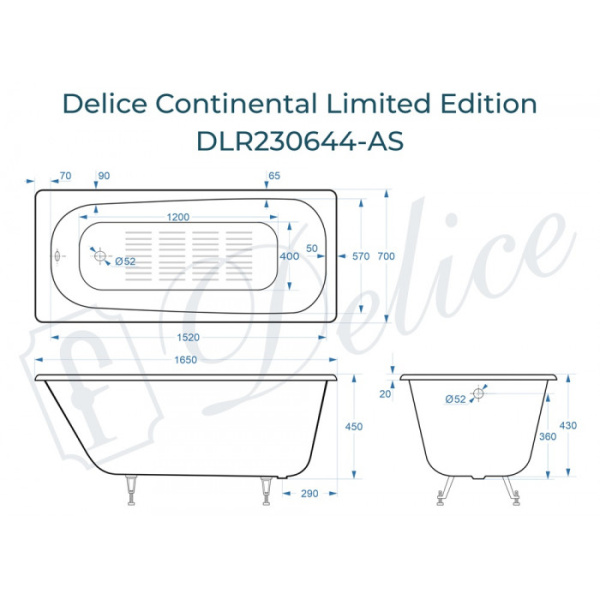Ванна чугунная (165х70) Delice Continental Limited Edition DLR230644-AS с антискользящим покрытием Ванна чугунная (165х70) Delice Continental Limited Edition DLR230644-AS с антискользящим покрытием