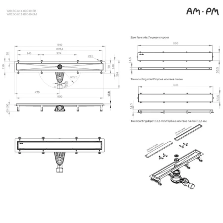 Душевой лоток с решеткой под плитку 90 см Am.Pm MasterFlow W01SC-U11-090-04SB хром матовый