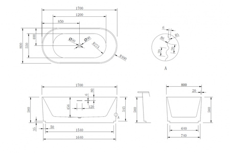 Акриловая ванна (170х80) ABBER AB9436-1.7 без гидромассажа, белый