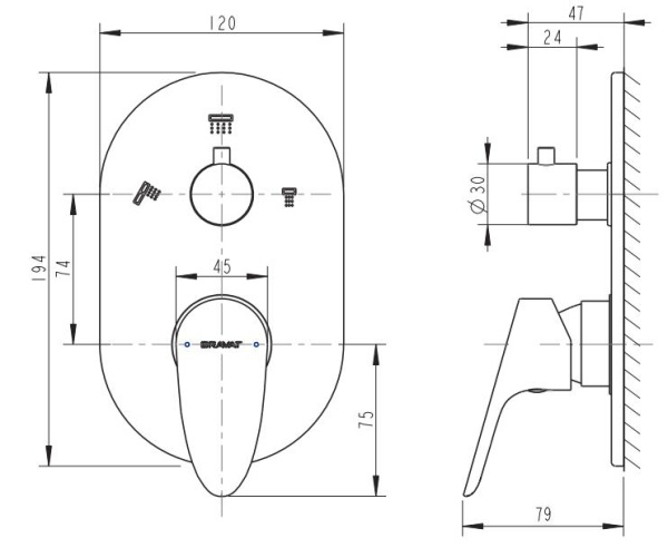 Смеситель для ванны встроенный Bravat Drop P69190C-RUS