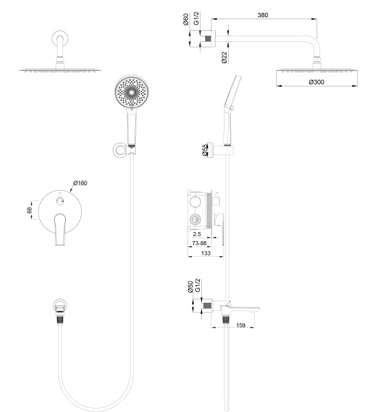 Душевая система встраиваемая WONZON & WOGHAND BRILLIANT, черный матовый WW-88939079-MB Душевая система встраиваемая WONZON & WOGHAND BRILLIANT, черный матовый WW-88939079-MB