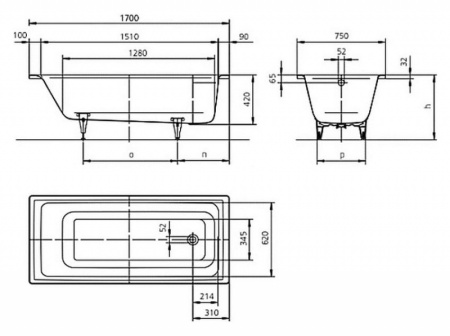 Стальная ванна Kaldewei PURO 652 Easy-clean (170x75) 256200013001