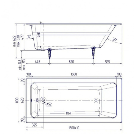Ванна чугунная (180х80) Delice Parallel DLR220506RB-AS с отверстиями под ручки