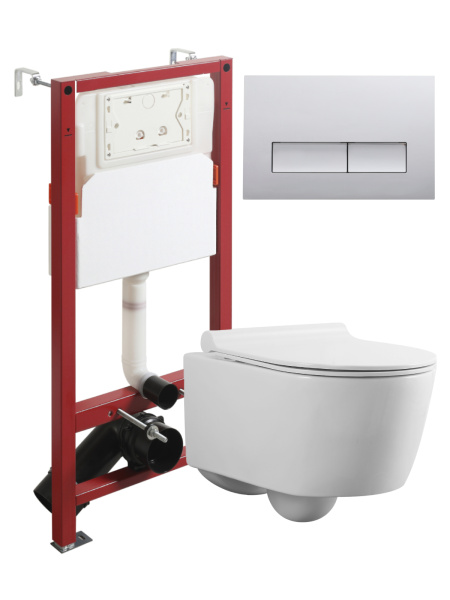 Комплект унитаза с инсталляцией безободковый Agger ATI05100+APB200 кнопка смыва хром